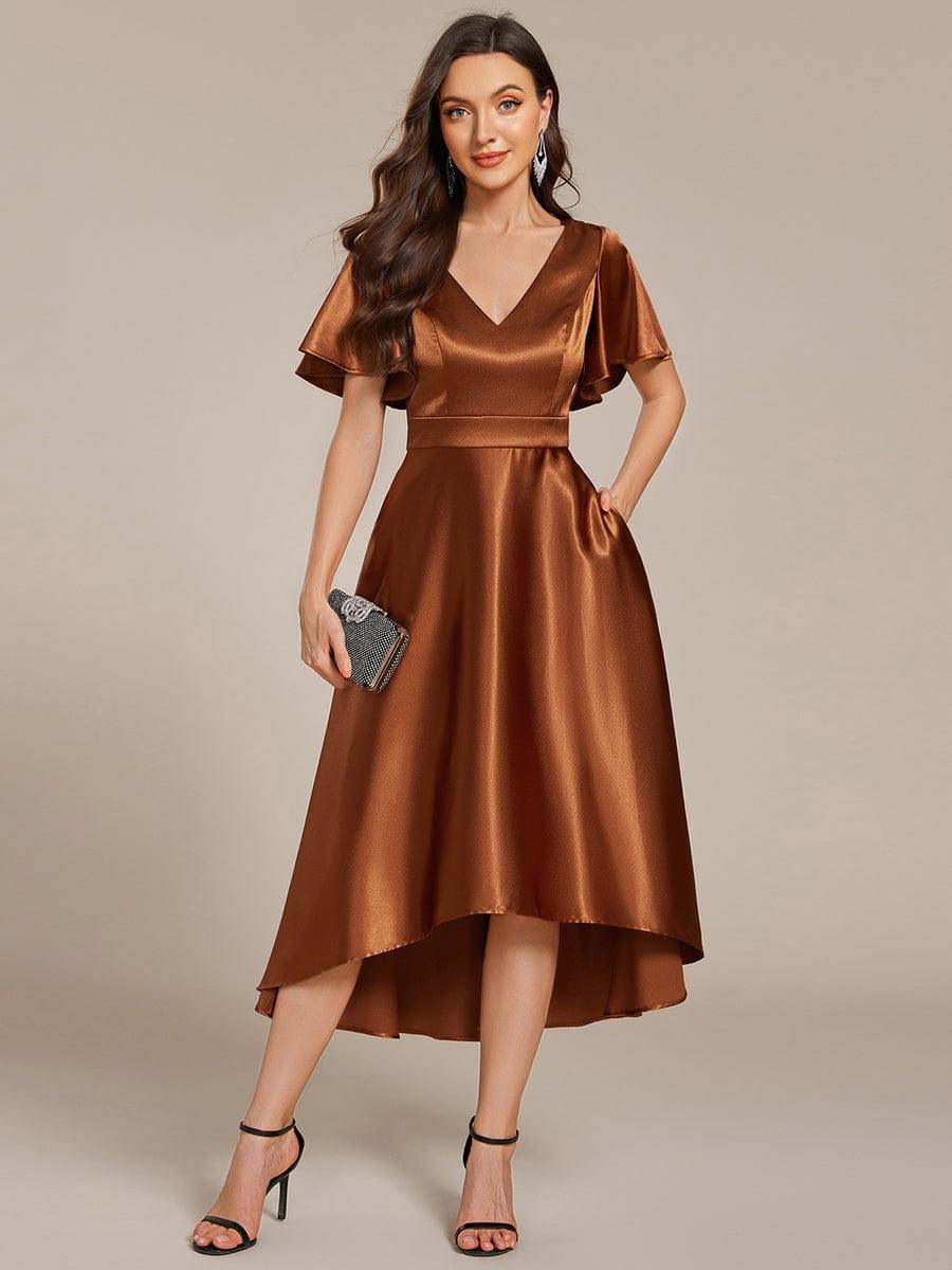 SCARLEN|Satin V-Neck Flutter Sleeve Midi Bridesmaid Dress with Pockets