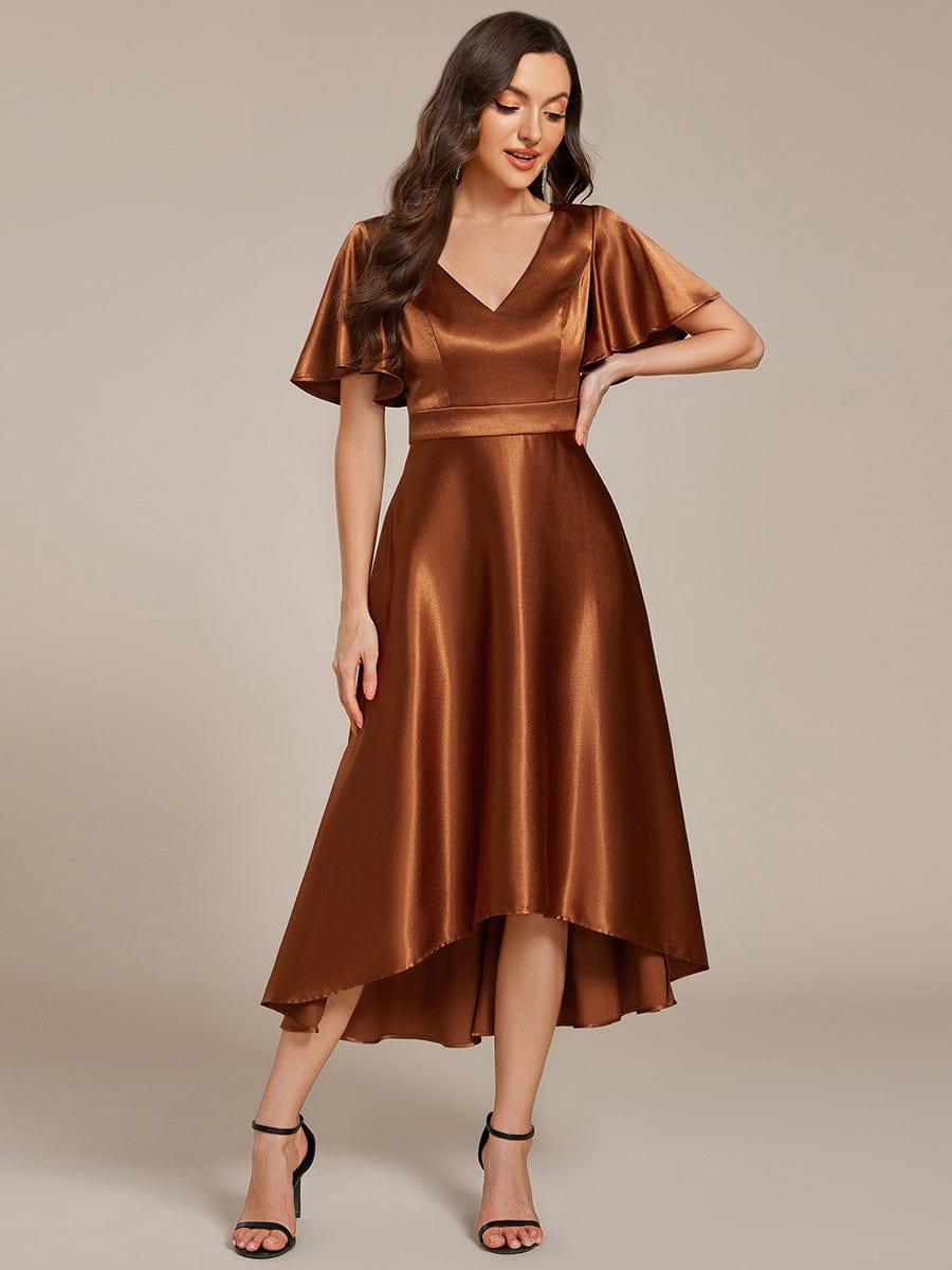 SCARLEN|Satin V-Neck Flutter Sleeve Midi Bridesmaid Dress with Pockets