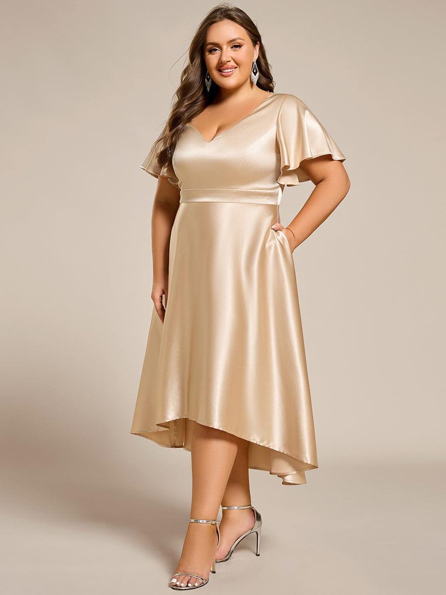 SCARLEN|Satin V-Neck Flutter Sleeve Midi Bridesmaid Dress with Pockets