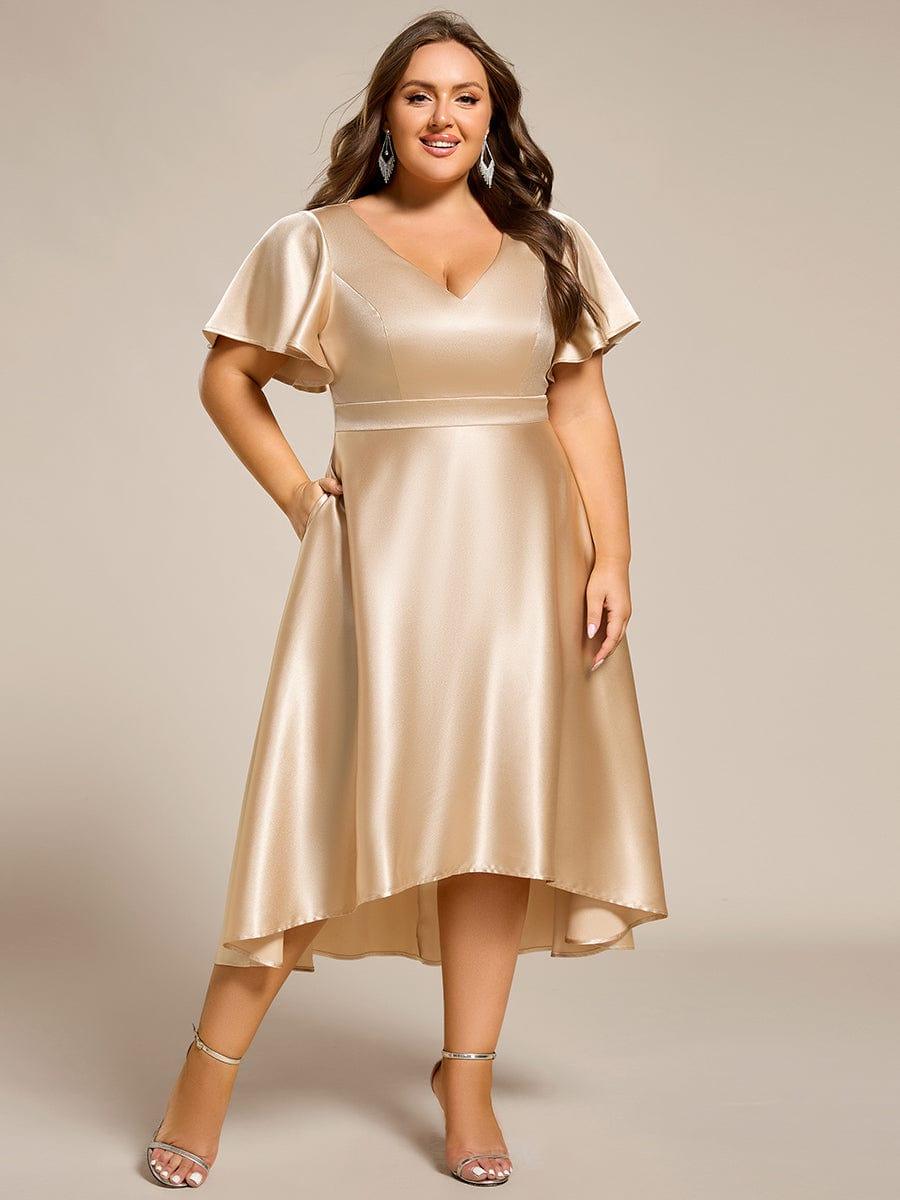 SCARLEN|Satin V-Neck Flutter Sleeve Midi Bridesmaid Dress with Pockets