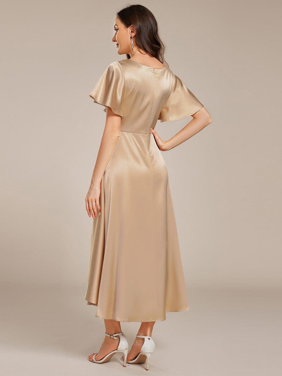 SCARLEN|Satin V-Neck Flutter Sleeve Midi Bridesmaid Dress with Pockets