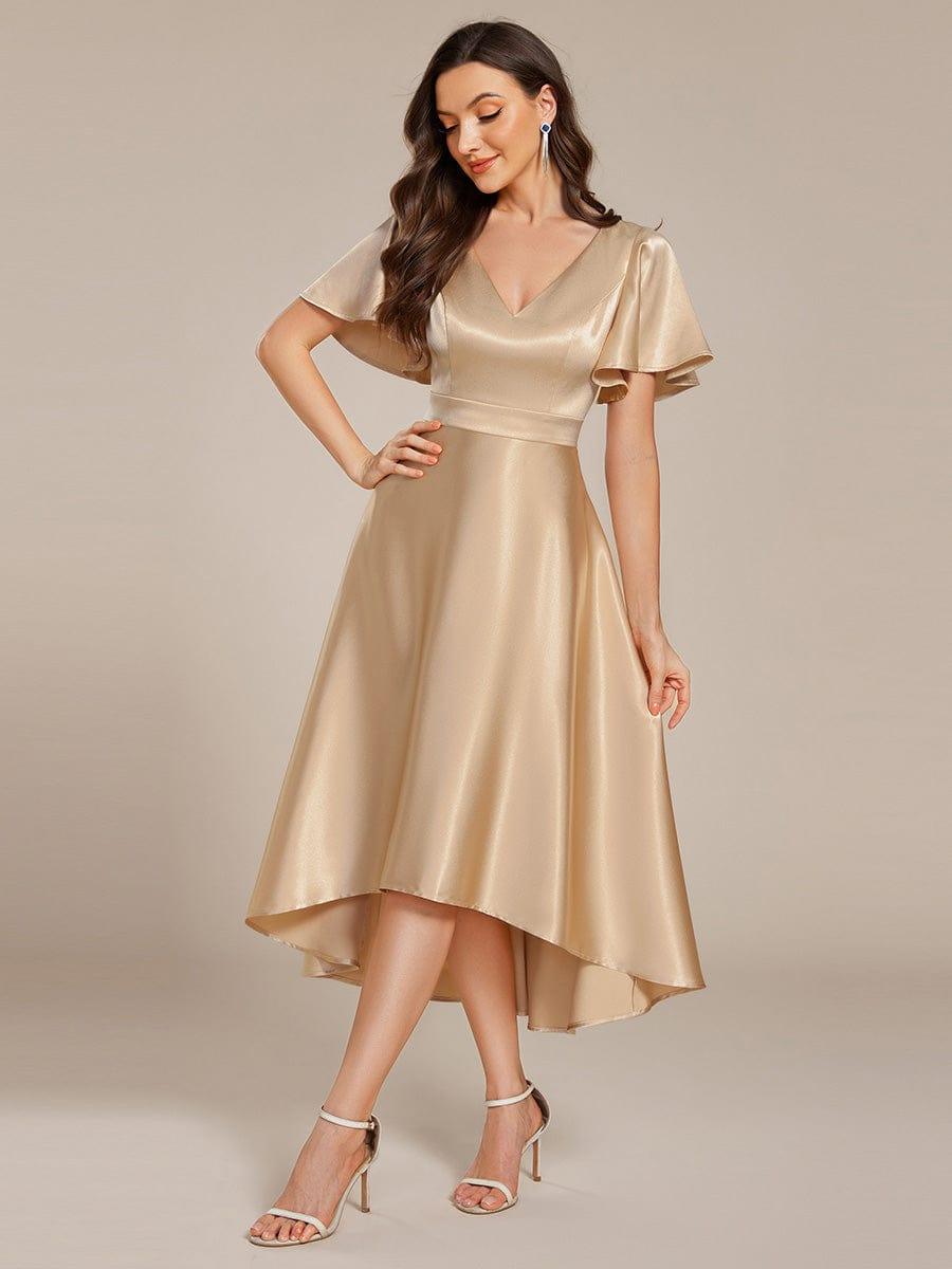 SCARLEN|Satin V-Neck Flutter Sleeve Midi Bridesmaid Dress with Pockets