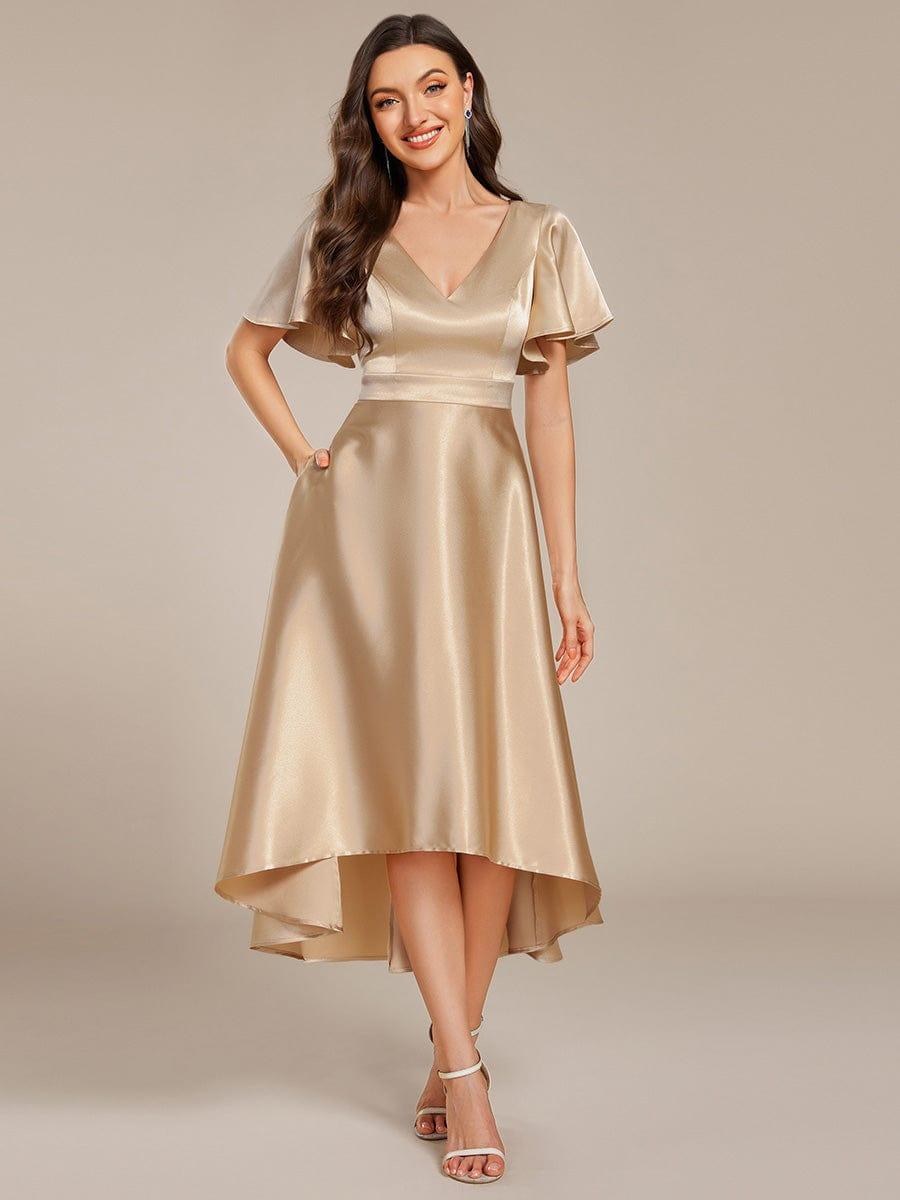 SCARLEN|Satin V-Neck Flutter Sleeve Midi Bridesmaid Dress with Pockets