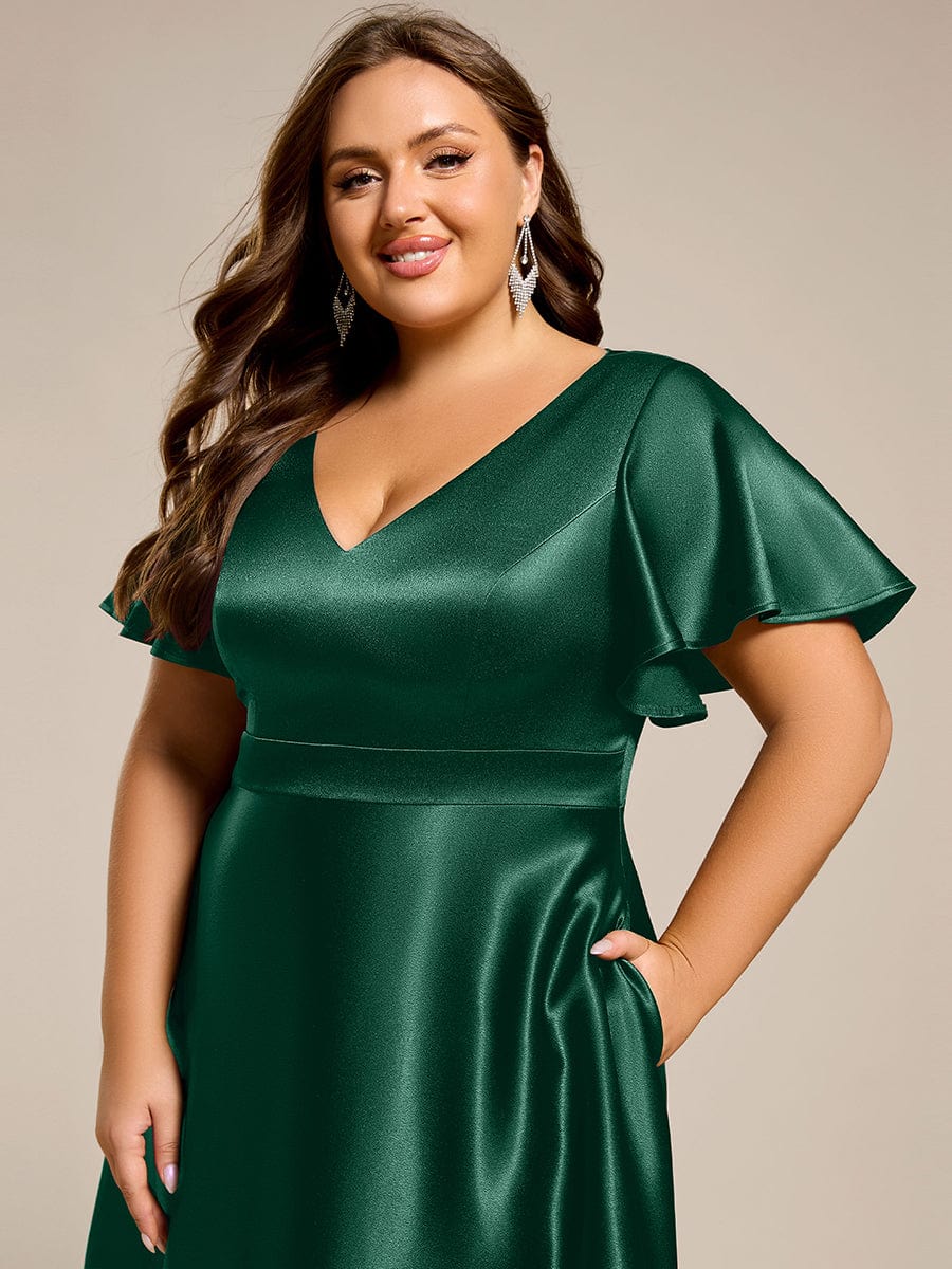 SCARLEN|Satin V-Neck Flutter Sleeve Midi Bridesmaid Dress with Pockets