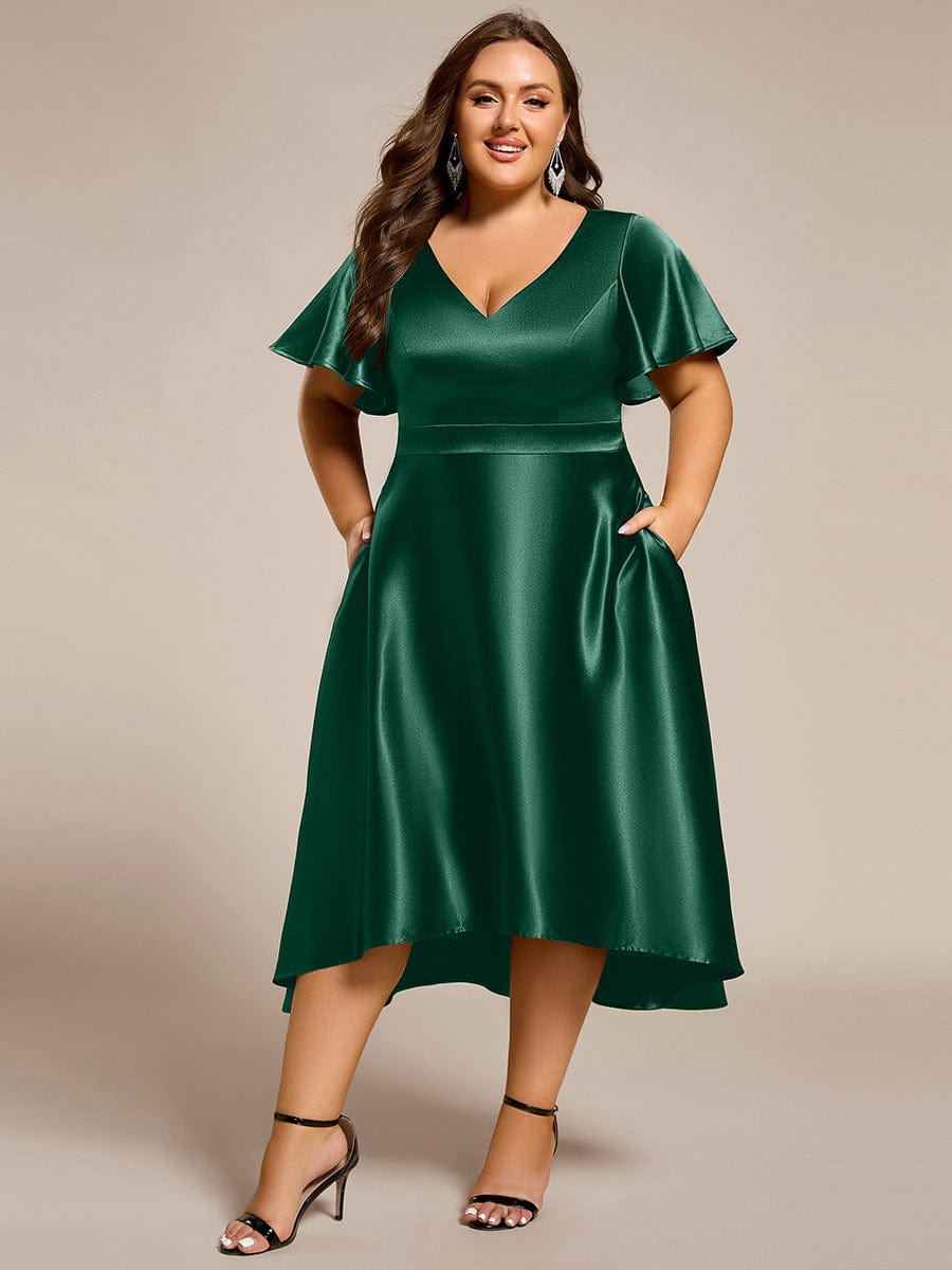 SCARLEN|Satin V-Neck Flutter Sleeve Midi Bridesmaid Dress with Pockets
