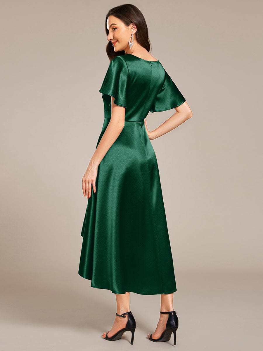 SCARLEN|Satin V-Neck Flutter Sleeve Midi Bridesmaid Dress with Pockets