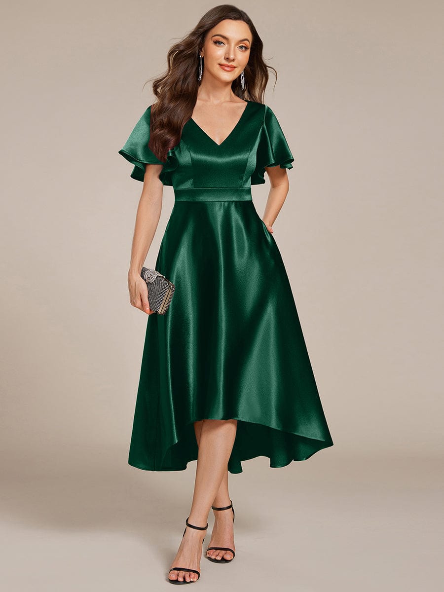 SCARLEN|Satin V-Neck Flutter Sleeve Midi Bridesmaid Dress with Pockets
