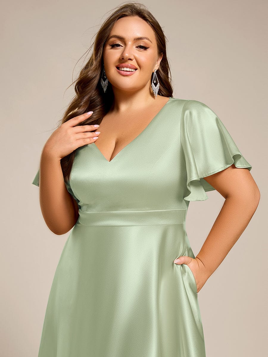 SCARLEN|Satin V-Neck Flutter Sleeve Midi Bridesmaid Dress with Pockets