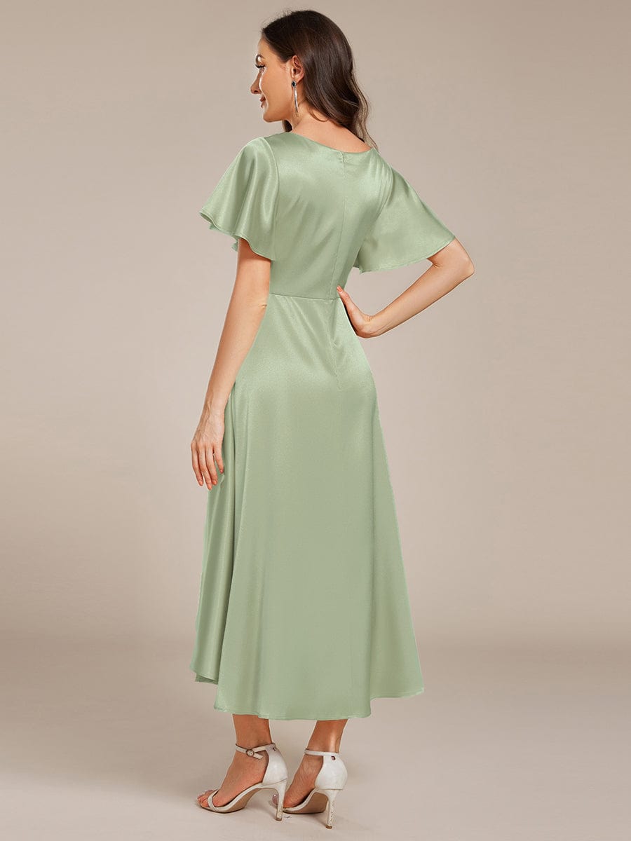 SCARLEN|Satin V-Neck Flutter Sleeve Midi Bridesmaid Dress with Pockets