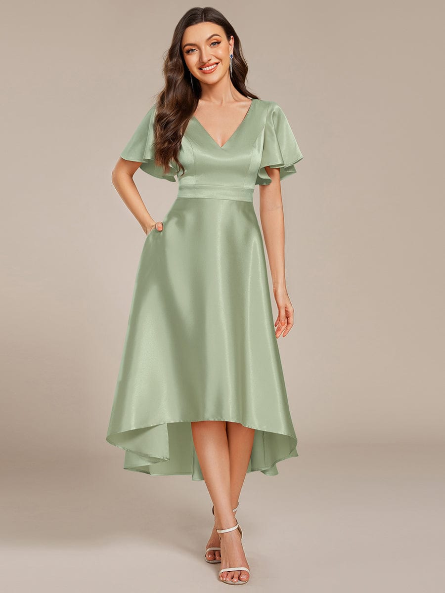 SCARLEN|Satin V-Neck Flutter Sleeve Midi Bridesmaid Dress with Pockets