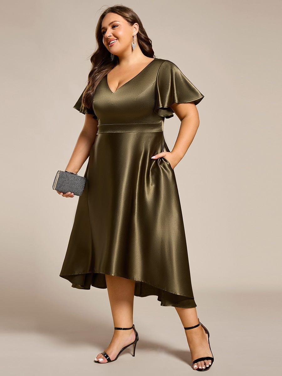 SCARLEN|Satin V-Neck Flutter Sleeve Midi Bridesmaid Dress with Pockets