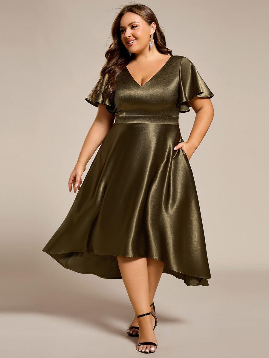 SCARLEN|Satin V-Neck Flutter Sleeve Midi Bridesmaid Dress with Pockets