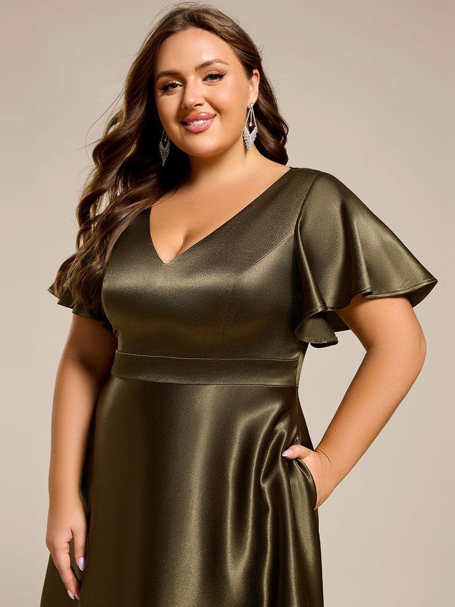 SCARLEN|Satin V-Neck Flutter Sleeve Midi Bridesmaid Dress with Pockets