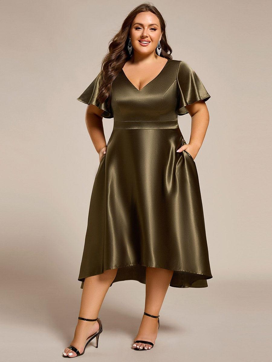 SCARLEN|Satin V-Neck Flutter Sleeve Midi Bridesmaid Dress with Pockets