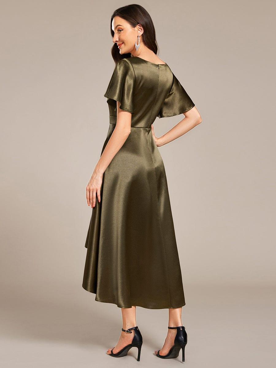 SCARLEN|Satin V-Neck Flutter Sleeve Midi Bridesmaid Dress with Pockets