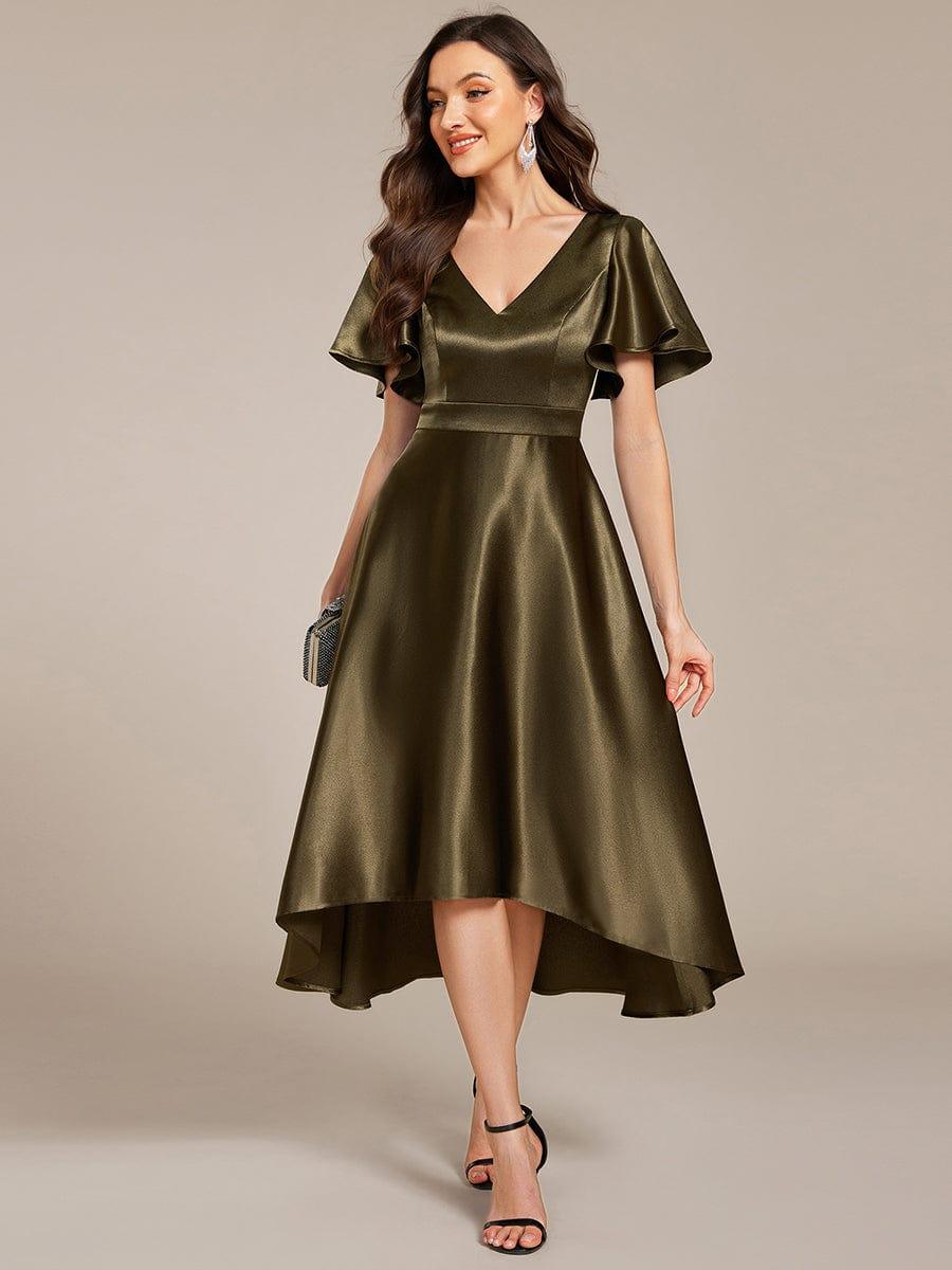 SCARLEN|Satin V-Neck Flutter Sleeve Midi Bridesmaid Dress with Pockets