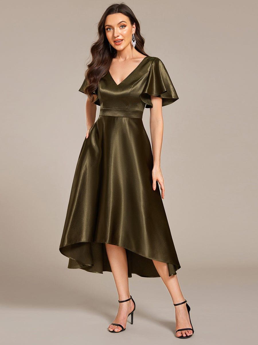 SCARLEN|Satin V-Neck Flutter Sleeve Midi Bridesmaid Dress with Pockets