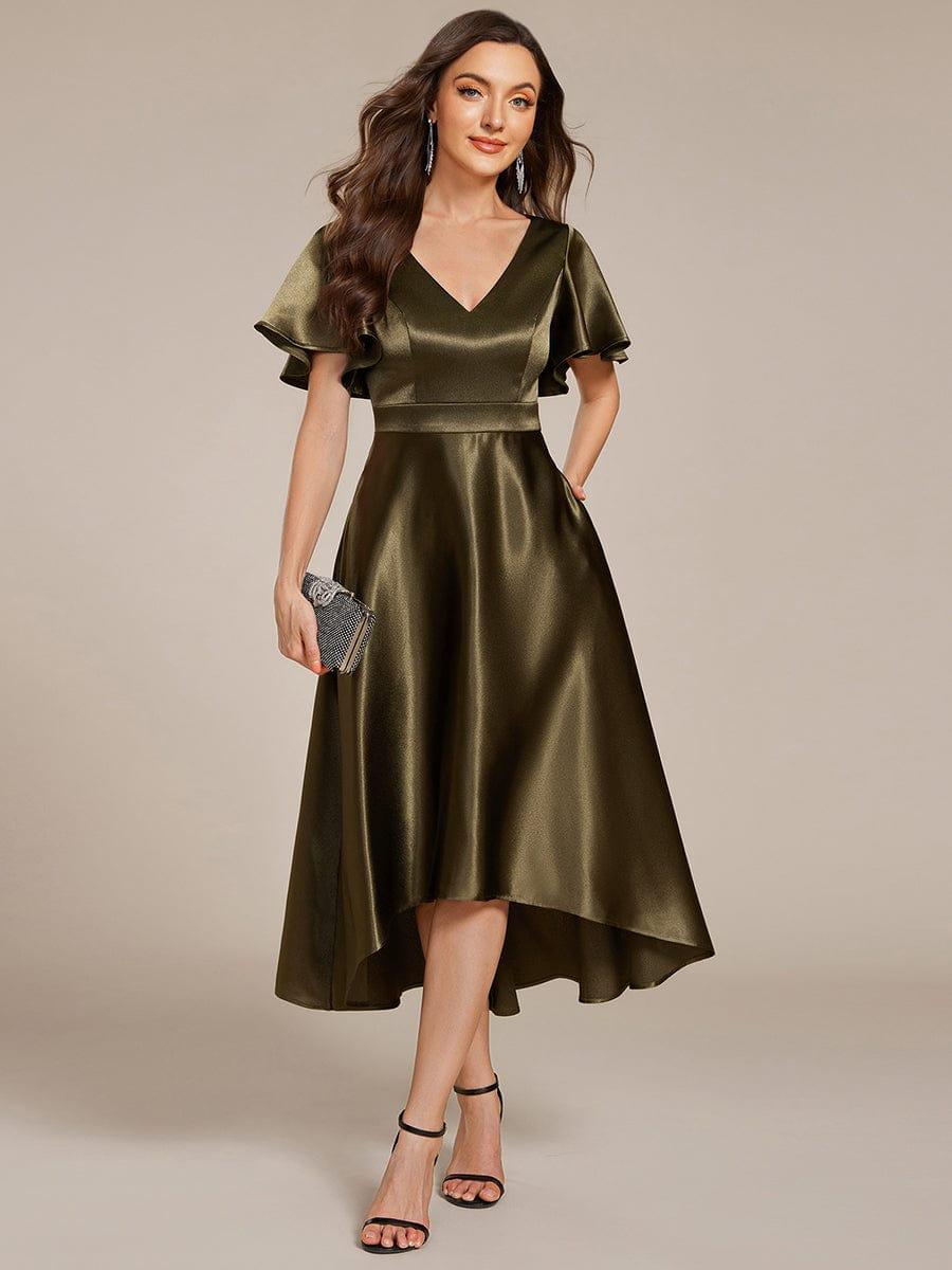 SCARLEN|Satin V-Neck Flutter Sleeve Midi Bridesmaid Dress with Pockets