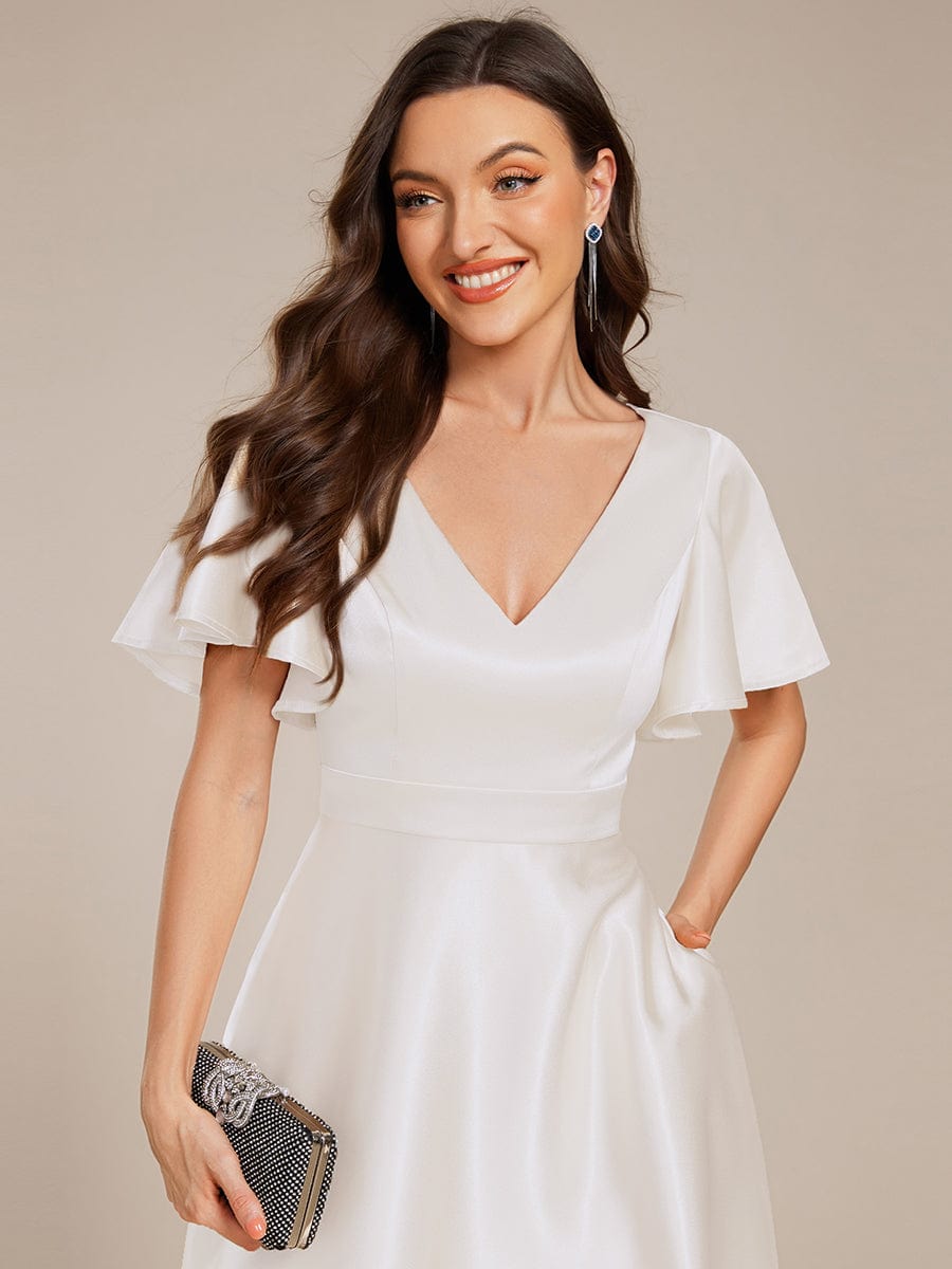 SCARLEN|Satin V-Neck Flutter Sleeve Midi Bridesmaid Dress with Pockets