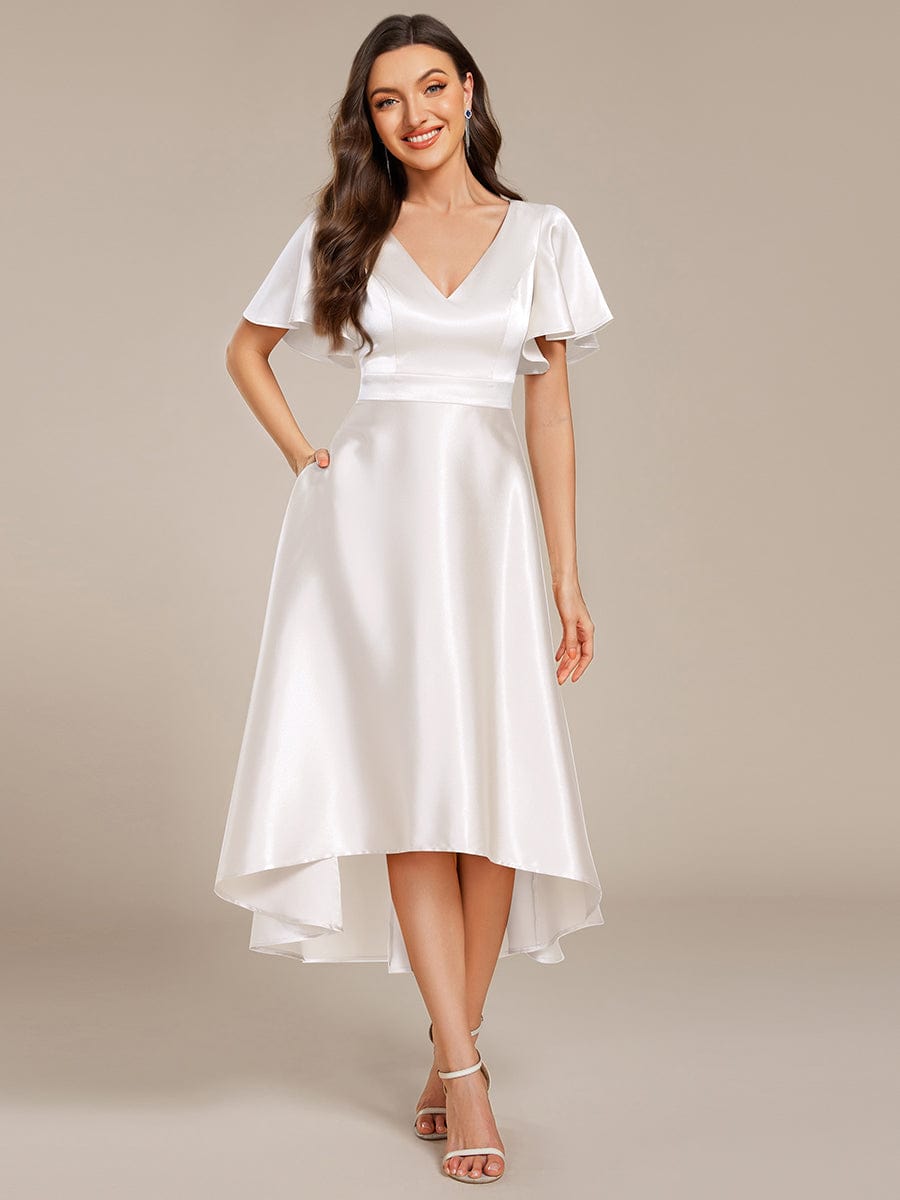 SCARLEN|Satin V-Neck Flutter Sleeve Midi Bridesmaid Dress with Pockets
