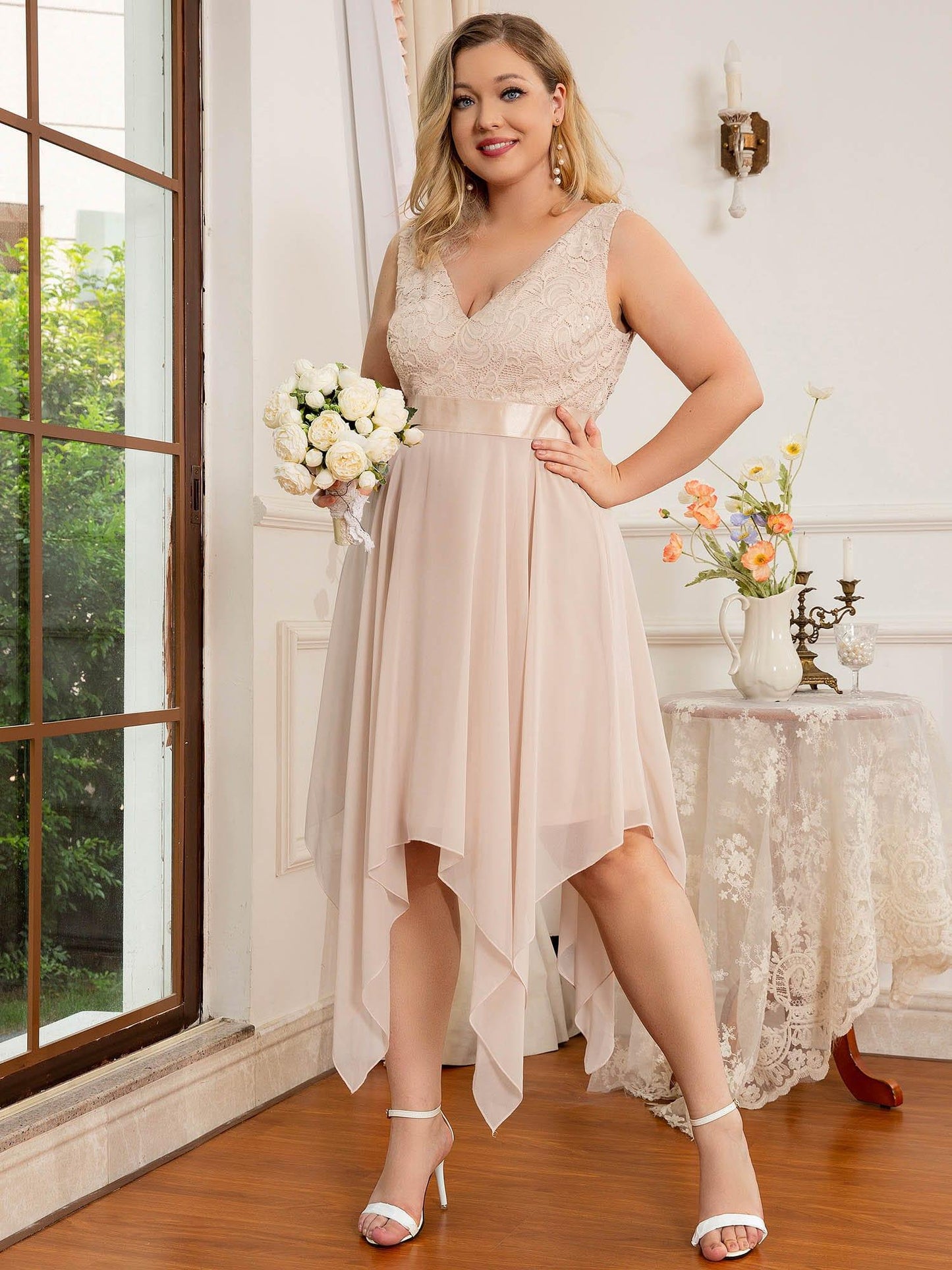 COSTA|Deep V-Neck Lace Chiffon Bridesmaid Dress with Asymmetrical Hem