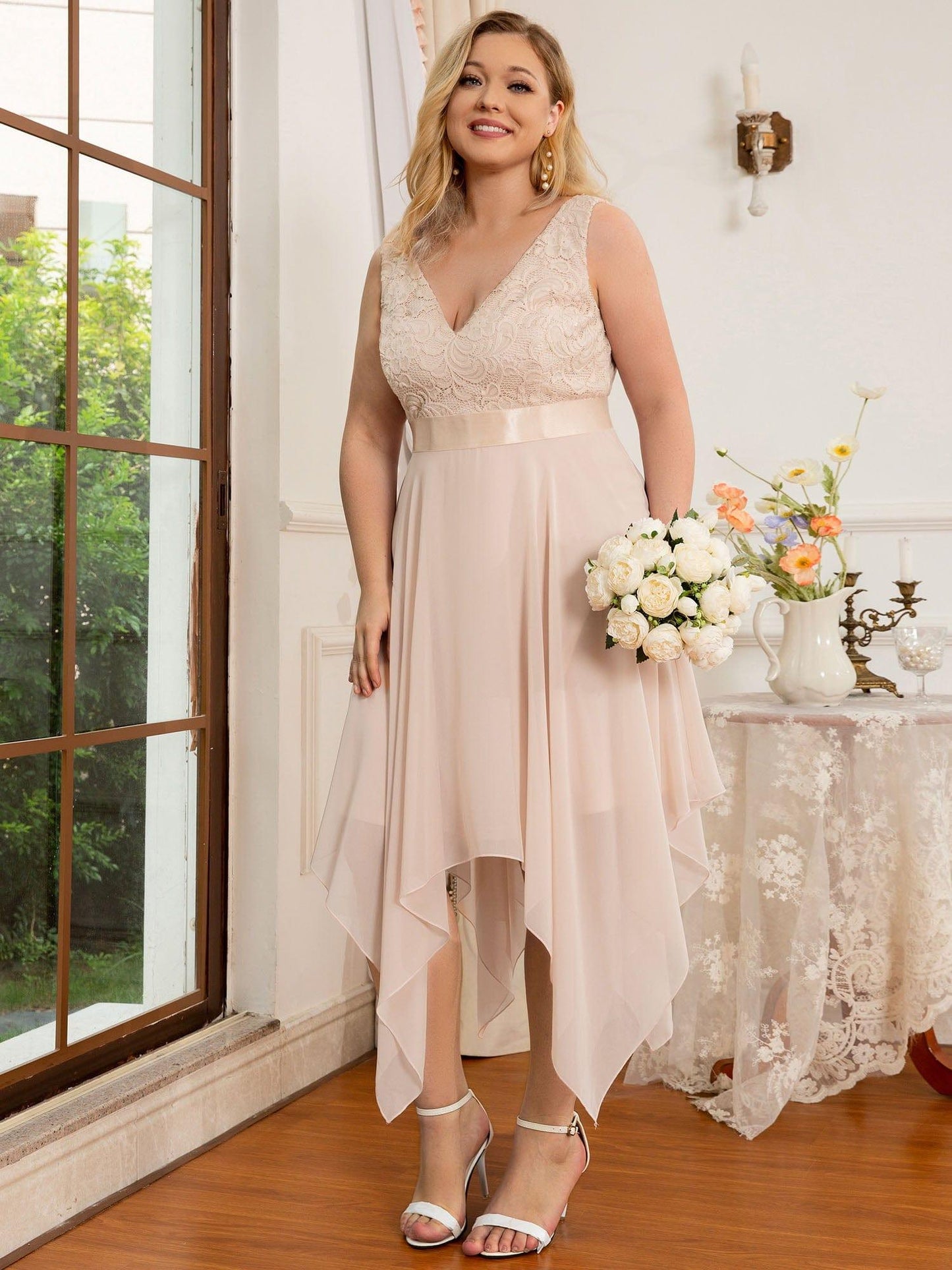 COSTA|Deep V-Neck Lace Chiffon Bridesmaid Dress with Asymmetrical Hem