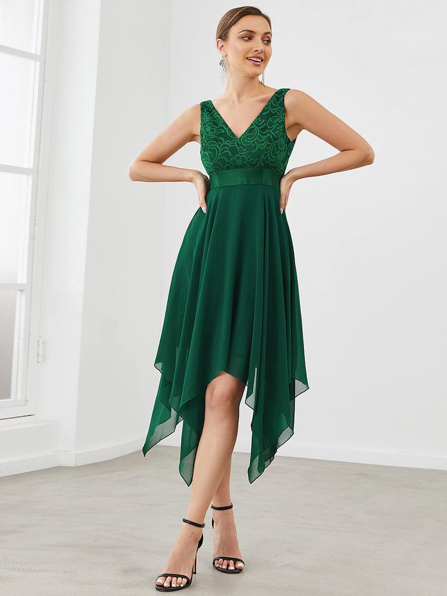 COSTA|Deep V-Neck Lace Chiffon Bridesmaid Dress with Asymmetrical Hem