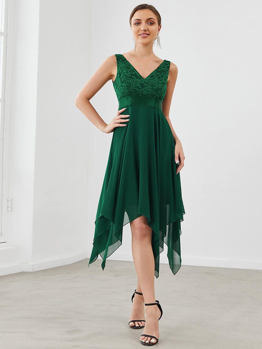 COSTA|Deep V-Neck Lace Chiffon Bridesmaid Dress with Asymmetrical Hem
