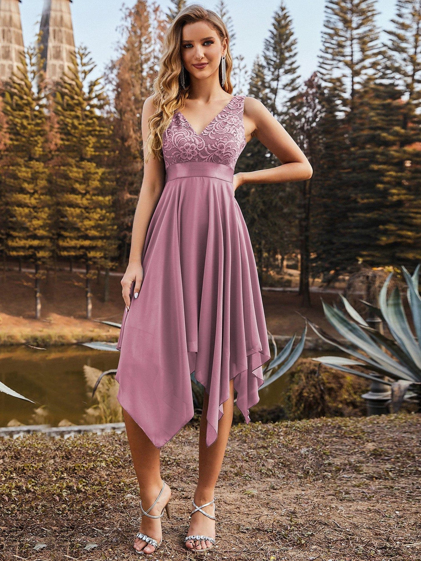 COSTA|Deep V-Neck Lace Chiffon Bridesmaid Dress with Asymmetrical Hem