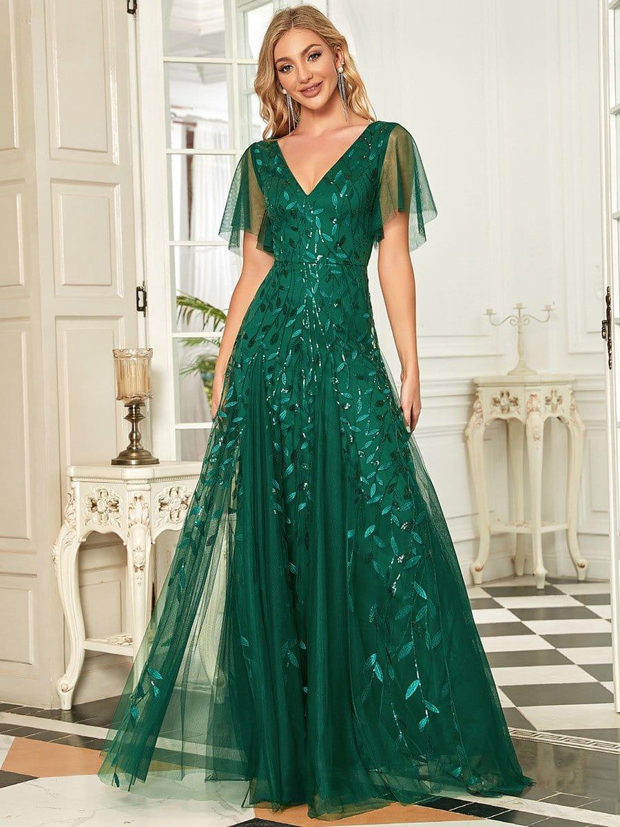 ASTRAL|Ruffle Sleeves Leaf Sequin Maxi Bridesmaid Dress