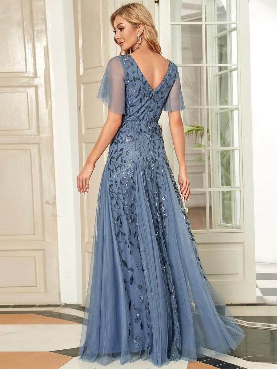 ASTRAL|Ruffle Sleeves Leaf Sequin Maxi Bridesmaid Dress