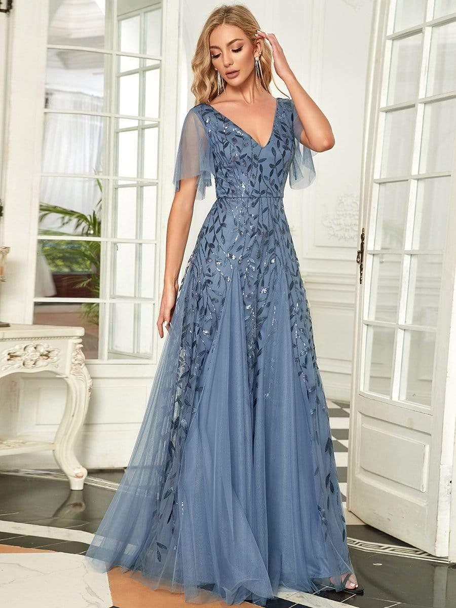ASTRAL|Ruffle Sleeves Leaf Sequin Maxi Bridesmaid Dress