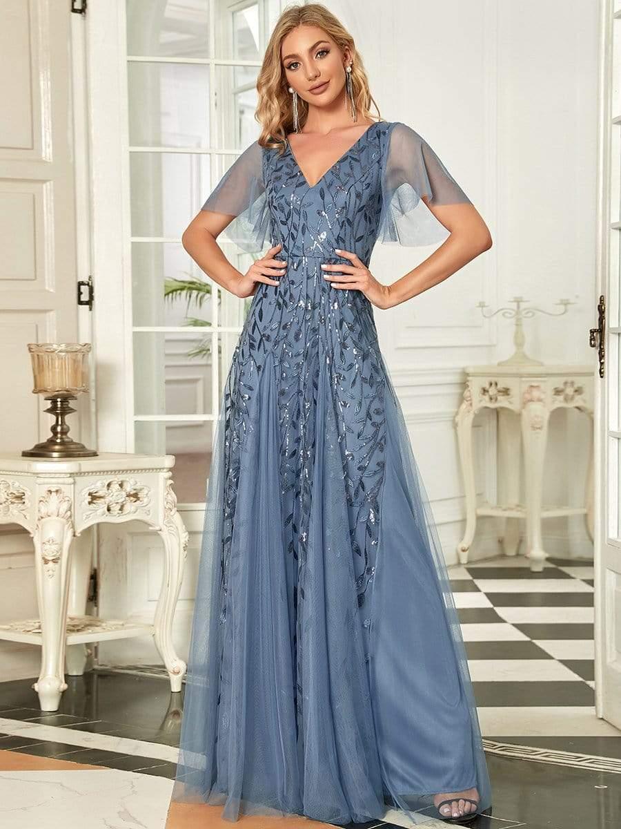 ASTRAL|Ruffle Sleeves Leaf Sequin Maxi Bridesmaid Dress
