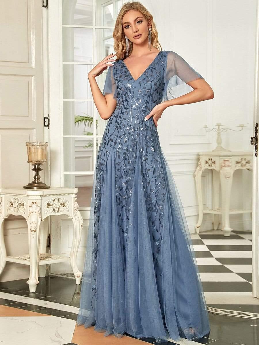 ASTRAL|Ruffle Sleeves Leaf Sequin Maxi Bridesmaid Dress