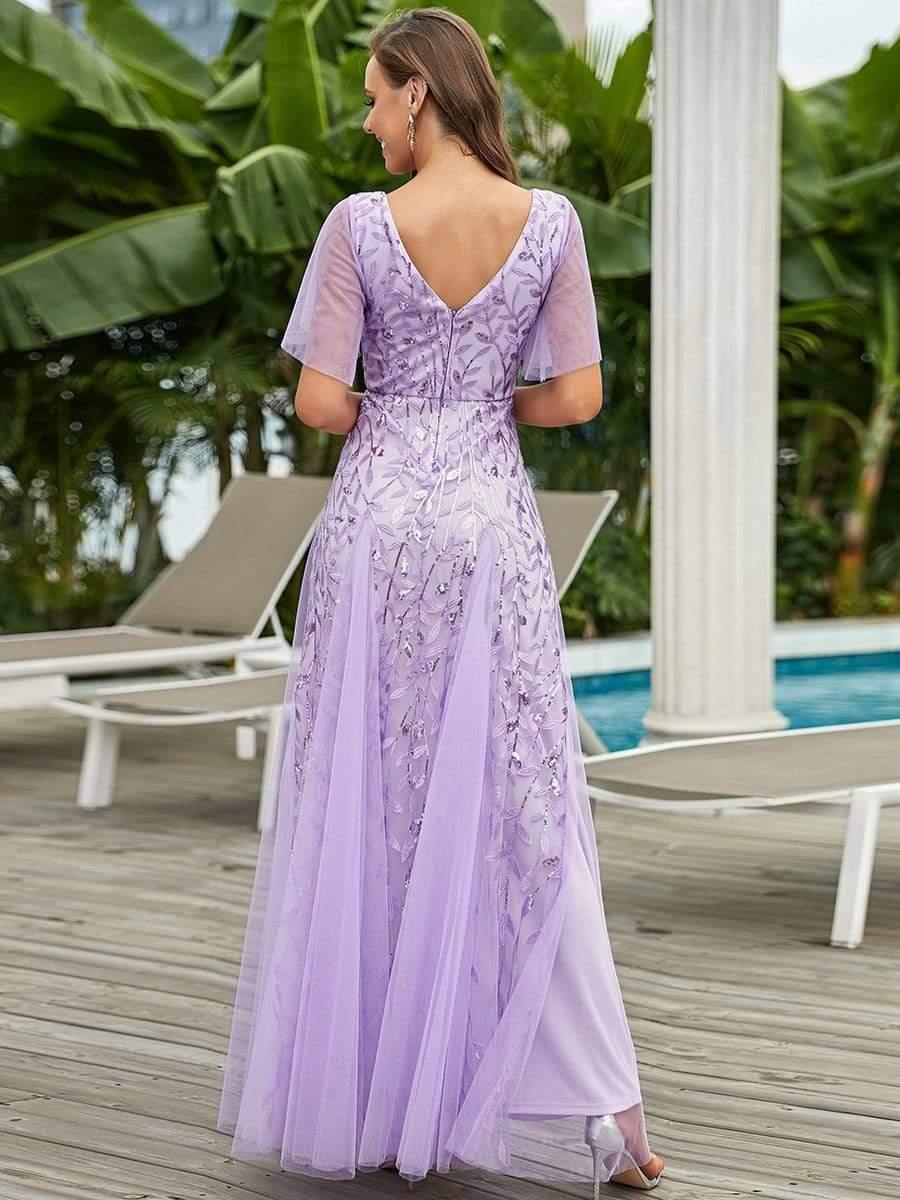 ASTRAL|Ruffle Sleeves Leaf Sequin Maxi Bridesmaid Dress