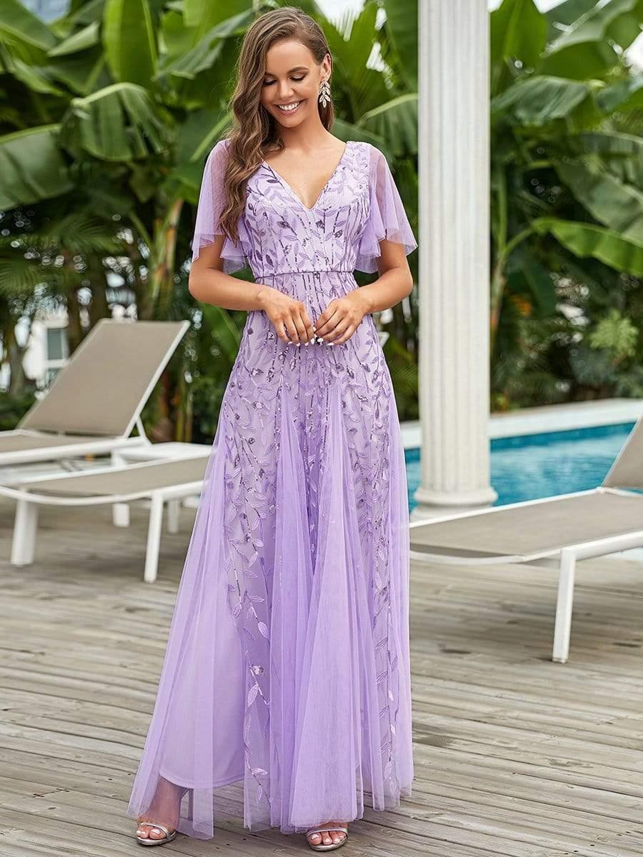 ASTRAL|Ruffle Sleeves Leaf Sequin Maxi Bridesmaid Dress