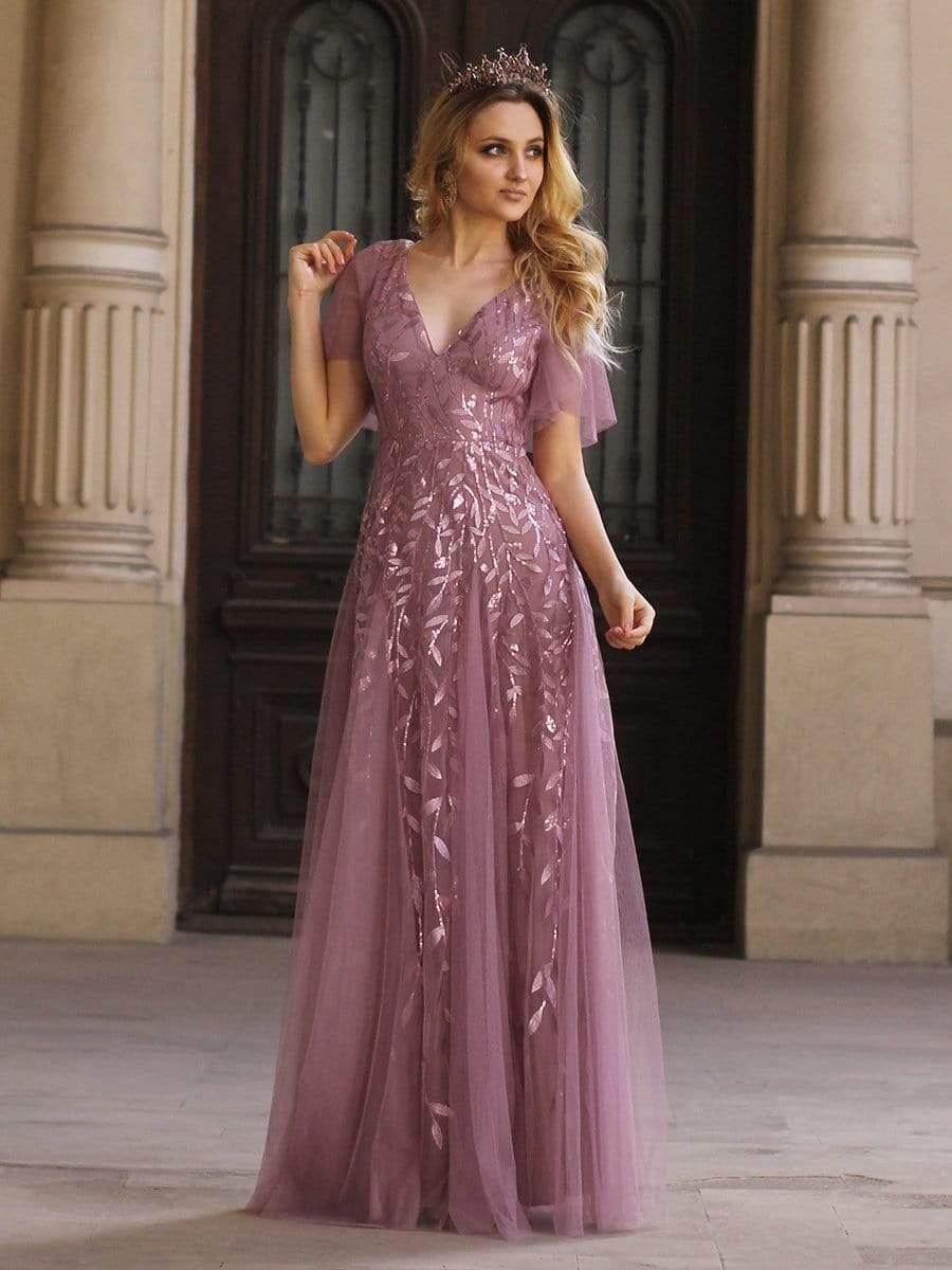 ASTRAL|Ruffle Sleeves Leaf Sequin Maxi Bridesmaid Dress