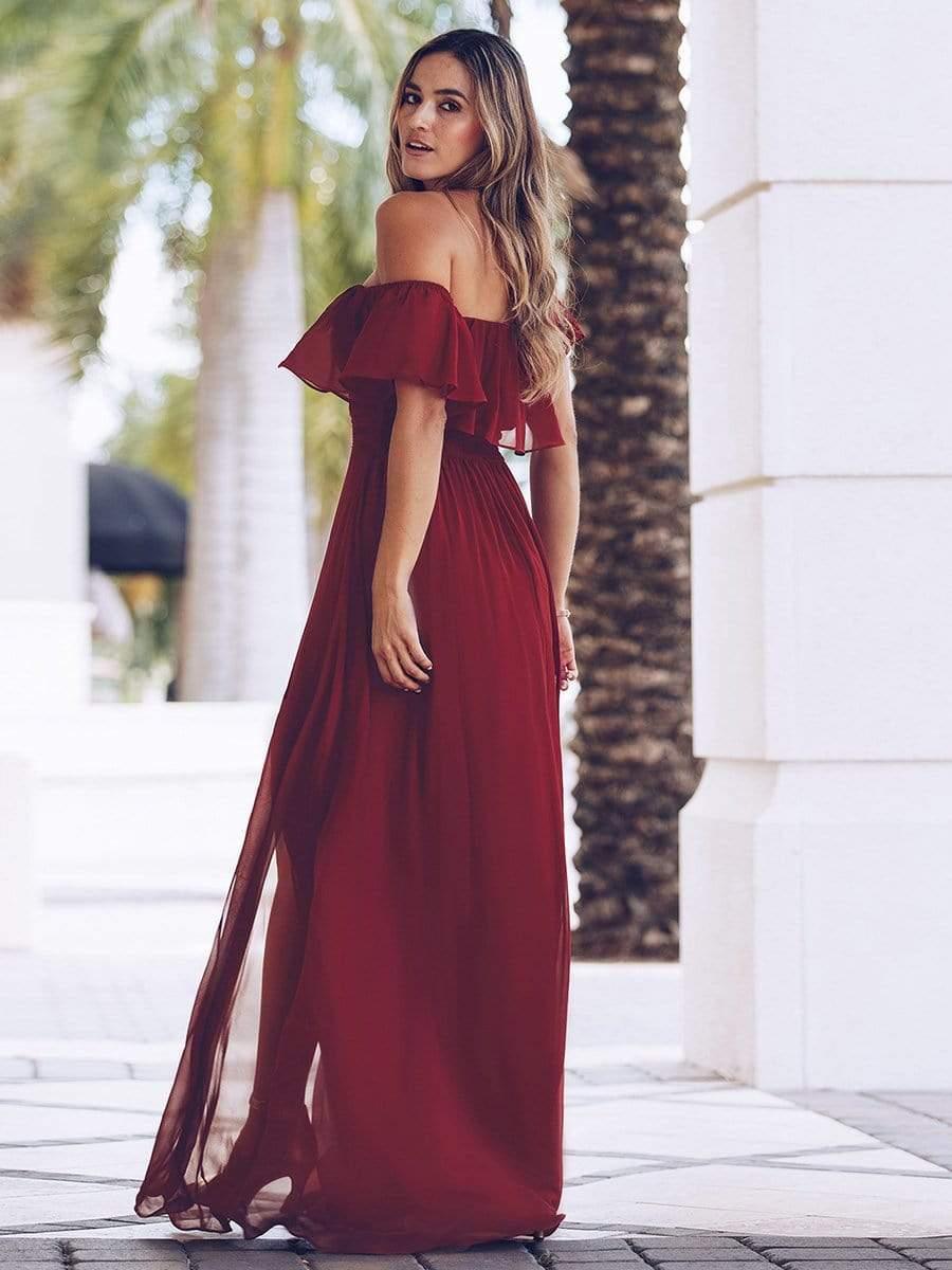ÉMILE|Off the Shoulder Ruffle Bodice Long Flowy Chiffon Bridesmaid Dress