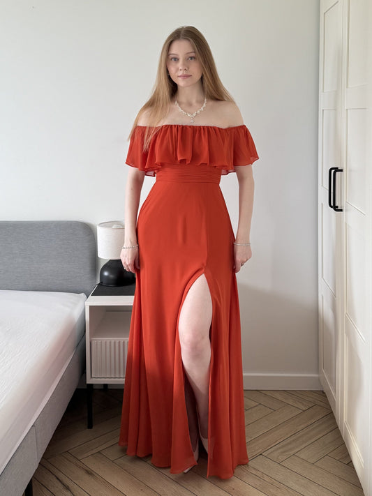 ÉMILE|Off the Shoulder Ruffle Bodice Long Flowy Chiffon Bridesmaid Dress