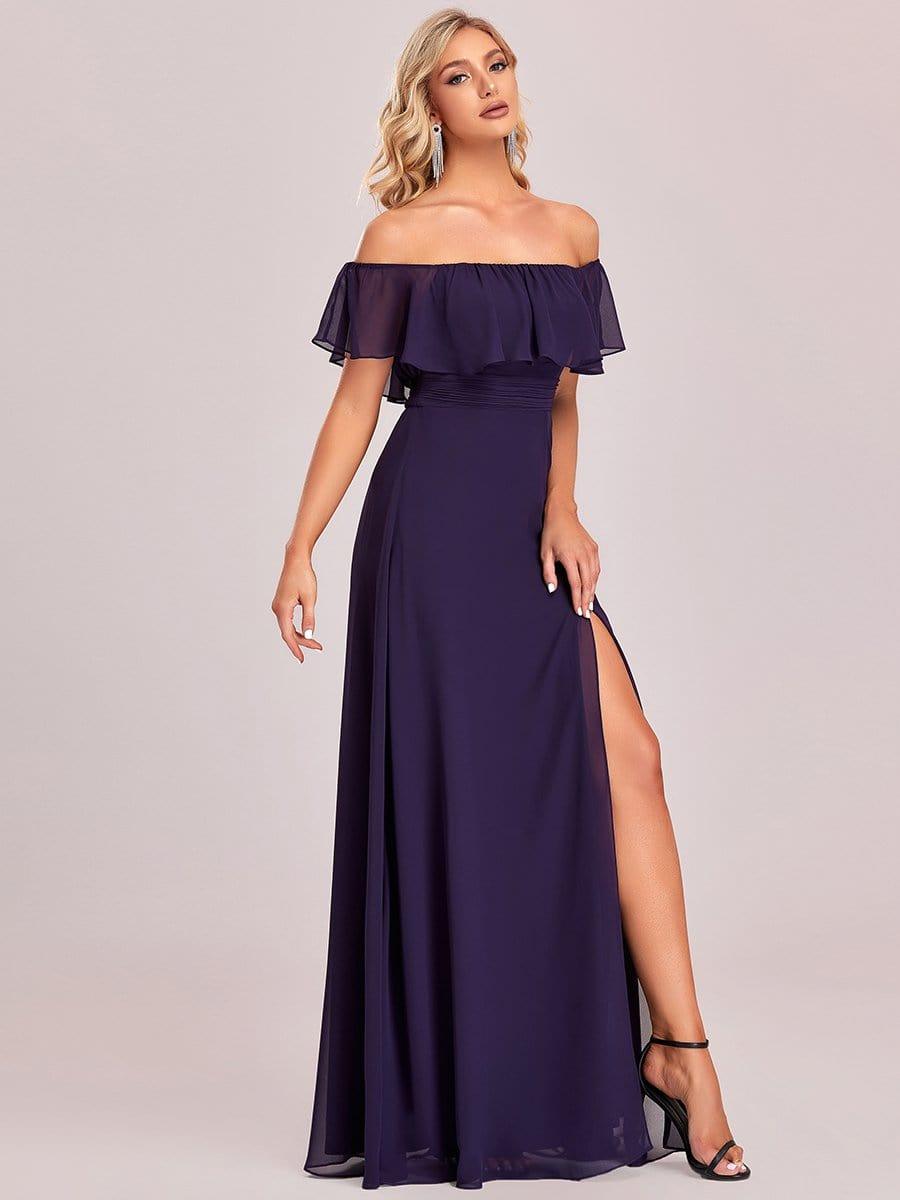 ÉMILE|Off the Shoulder Ruffle Bodice Long Flowy Chiffon Bridesmaid Dress