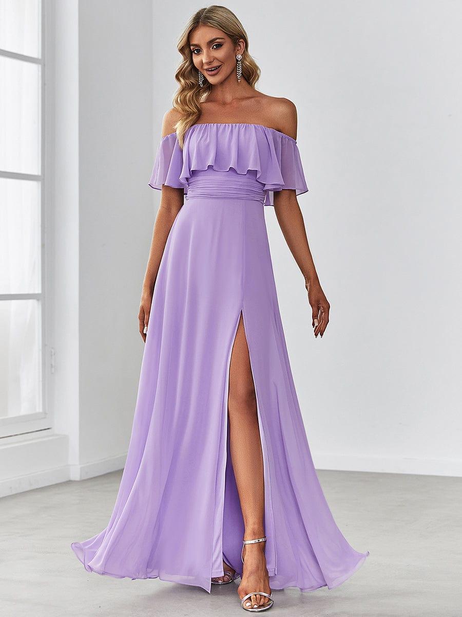 ÉMILE|Off the Shoulder Ruffle Bodice Long Flowy Chiffon Bridesmaid Dress