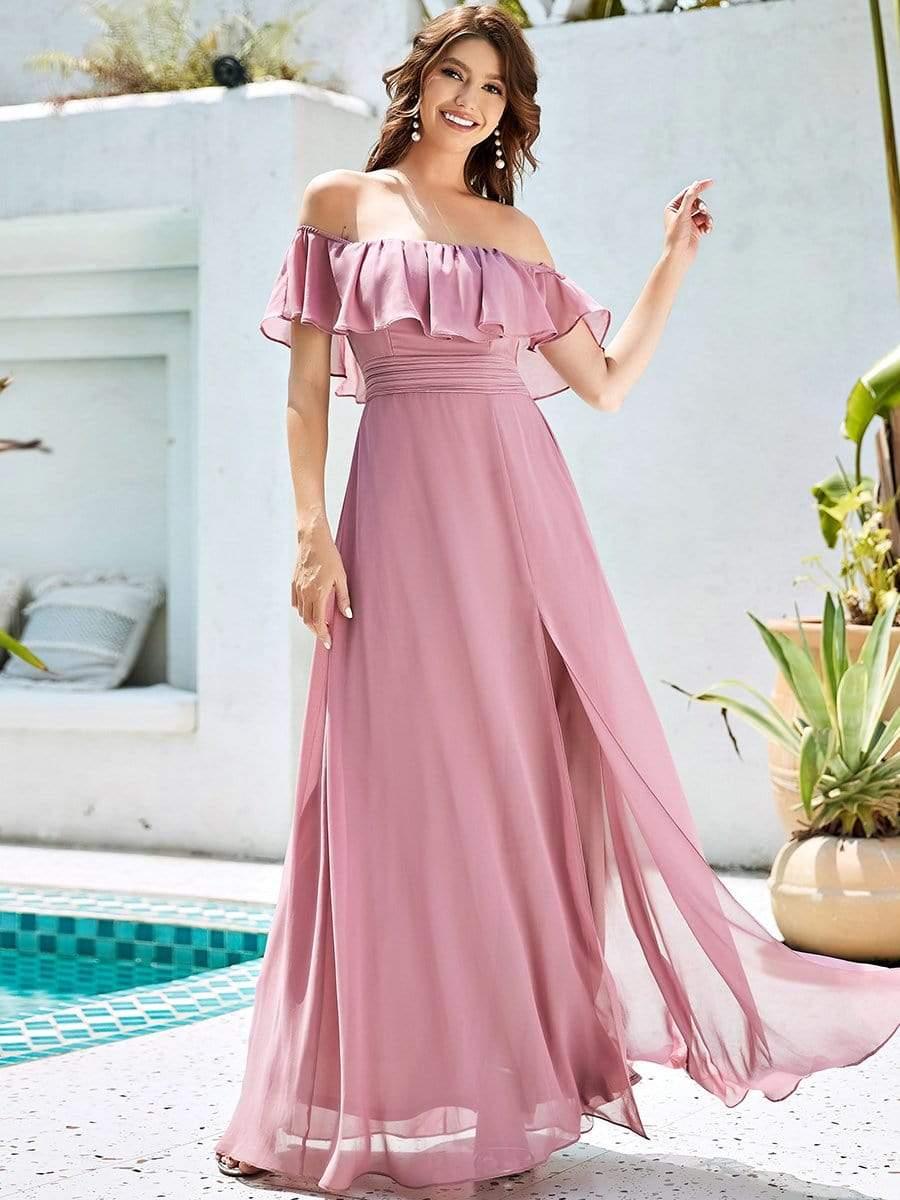 ÉMILE|Off the Shoulder Ruffle Bodice Long Flowy Chiffon Bridesmaid Dress