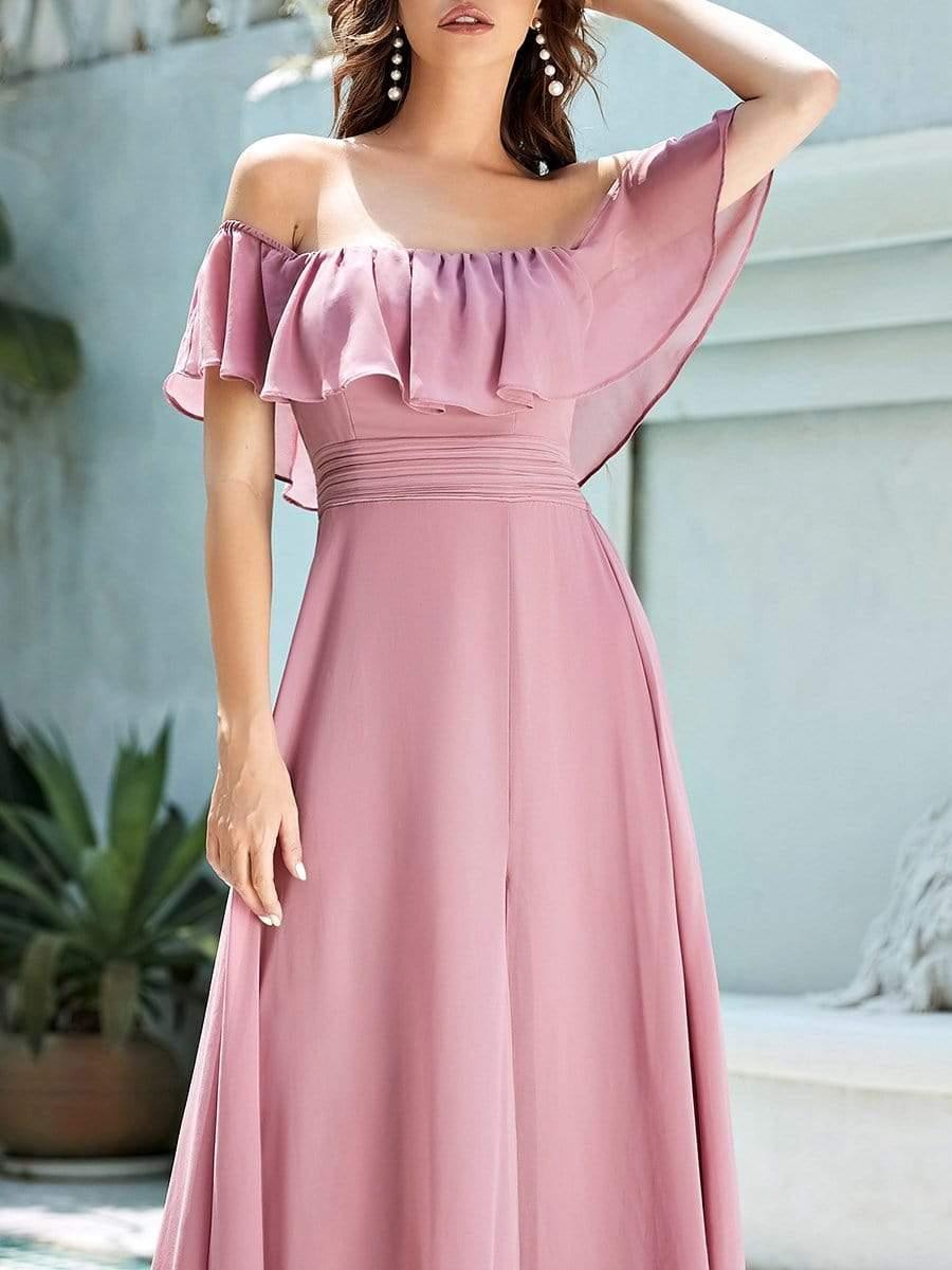 ÉMILE|Off the Shoulder Ruffle Bodice Long Flowy Chiffon Bridesmaid Dress