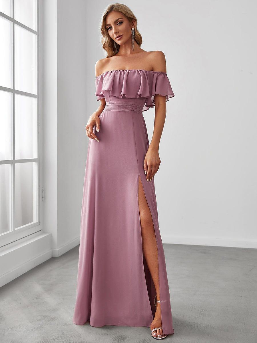 ÉMILE|Off the Shoulder Ruffle Bodice Long Flowy Chiffon Bridesmaid Dress