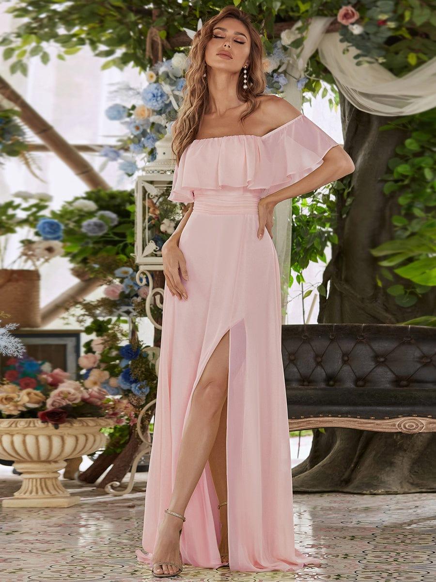 ÉMILE|Off the Shoulder Ruffle Bodice Long Flowy Chiffon Bridesmaid Dress