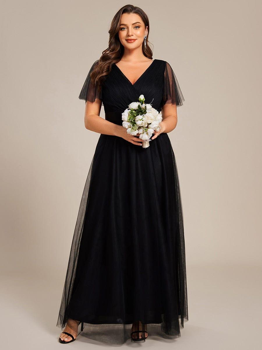 MISTE|Double V-Neck Floor-Length Short Sleeve Tulle Bridesmaid Dresses