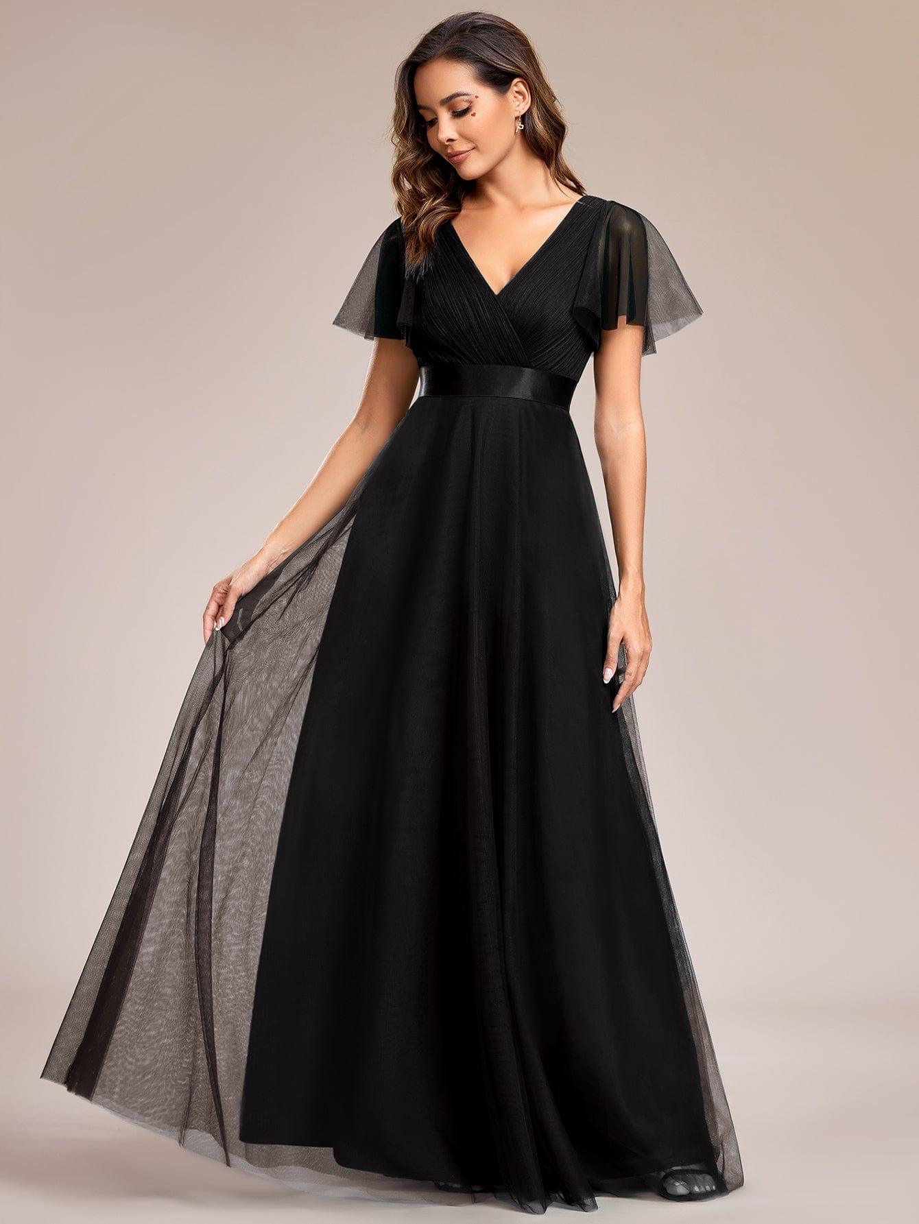 MISTE|Double V-Neck Floor-Length Short Sleeve Tulle Bridesmaid Dresses