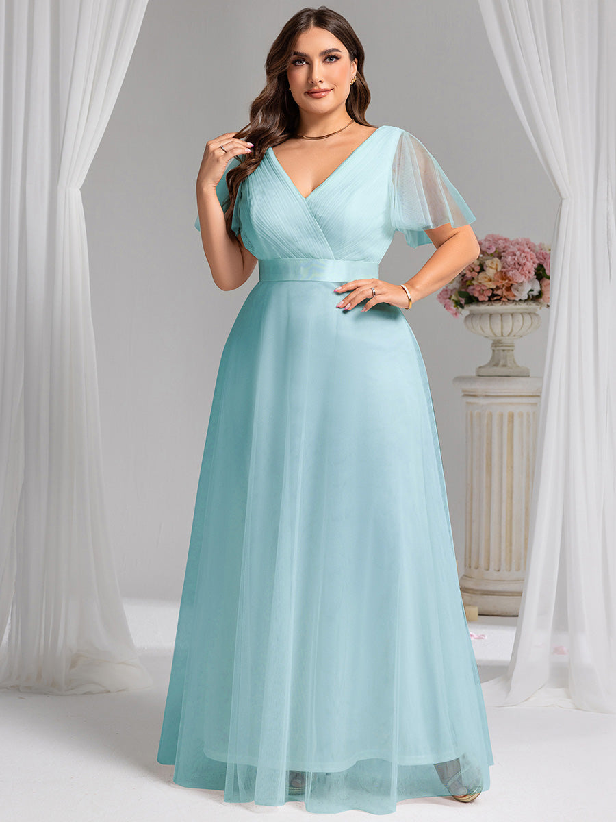 MISTE|Double V-Neck Floor-Length Short Sleeve Tulle Bridesmaid Dresses