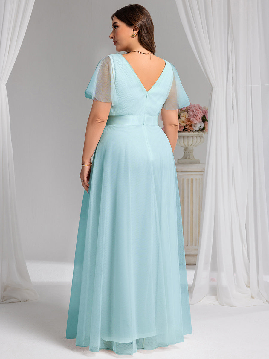 pretty MISTE|Women's Floor-Length Plus Size Formal Bridesmaid Dress with Short Sleeve