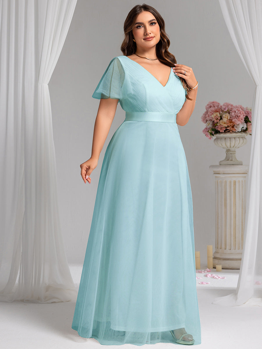 pretty MISTE|Women's Floor-Length Plus Size Formal Bridesmaid Dress with Short Sleeve